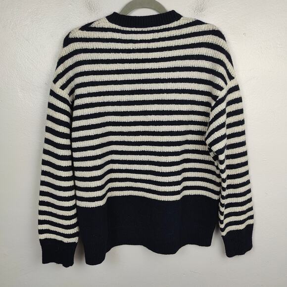 AllSaints Keet Crew Sweater Womens Large Wool Blend White Black Stripes Preppy - Picture 9 of 10